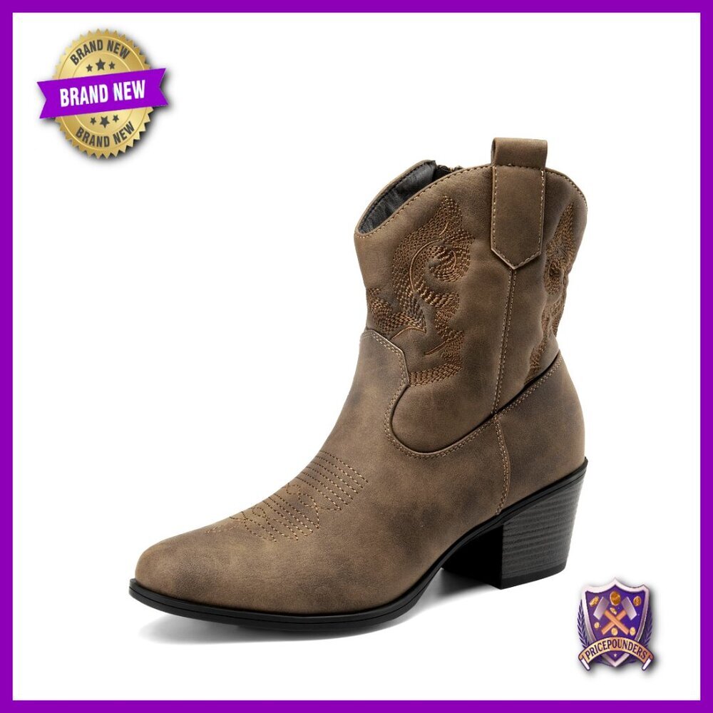 Western Cowgirl Ankle Boots Embroidered Chunky Heel Round Toe Fashion Booties